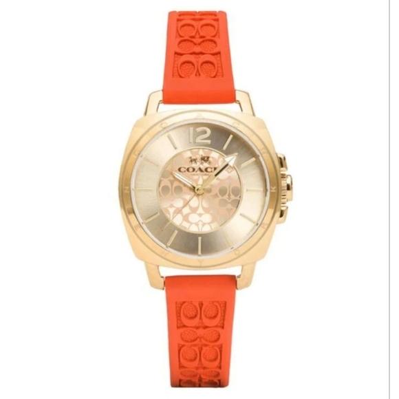 NWT NIB Coach Womens Boyfriend Gold Face Orange Rubber C Strap 34mm - Picture 1 of 7